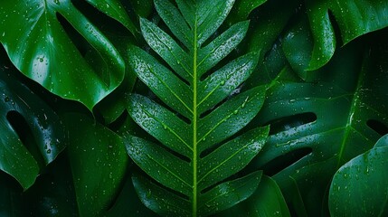 Vibrant close-up of lush green tropical leaves with water droplets, showcasing nature's beauty and richness in detail.