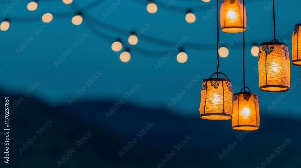 Aufkleber illuminated lanterns hanging against a twilight background adorned with string lights to create a ma