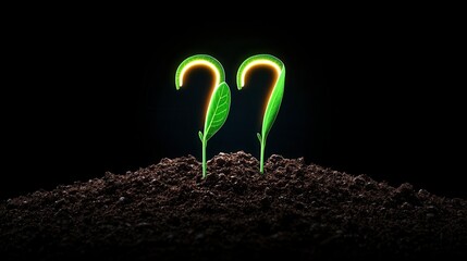 Innovative concept of nurturing growth represented by two green sprouts shaped like question marks emerging from fertile soil.