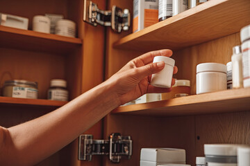 Person placing a prescription bottle back into a medicine cabinet