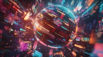 Futuristic sphere with vibrant digital data streams.