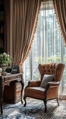 Fototapeta premium Elegant Vintage Interior with Armchair Near Cozy Window Scene