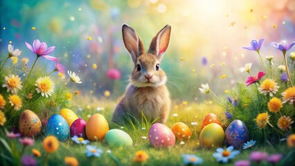 Watercolor Easter Bunny & Speckled Eggs Meadow Background - Spring Holiday
