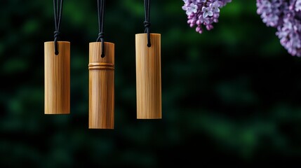 Three bamboo wind chimes elegantly hanging with lilac flowers in a lush green background, capturing nature's harmony and artistry