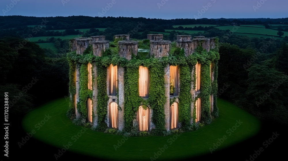 Poster a mysterious ancient stone structure overgrown with vibrant green vines illuminated at dusk in a ser