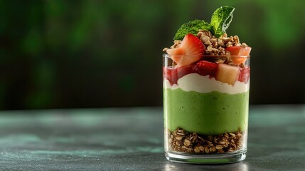 Fresh Layered Dessert with Granola, Strawberries, and Mint Garnish