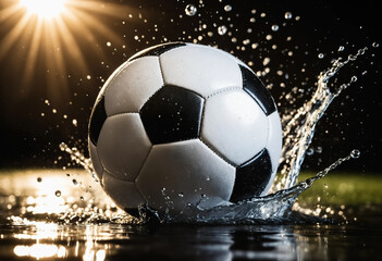 Naklejka premium soccer ball falling into water and splashing water drops
