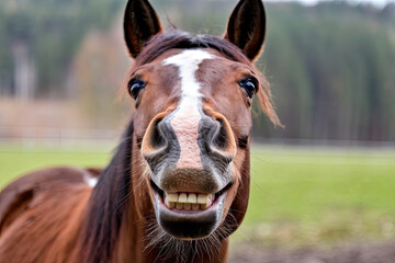 Horse with its lips curled up, showing teeth in a goofy “smile”