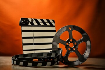 Film reel and clapperboard on orange background. (16)
