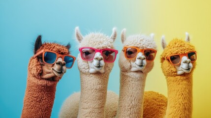The image shows a group of llama figurines wearing sunglasses and colorful shades, each in its own stylized pose, giving off a funny and summery vibe.
