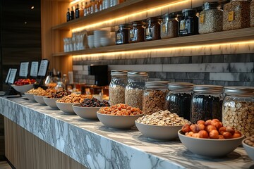 Breakfast buffet with various nuts, grains, and dried fruits displayed in bowls and jars.