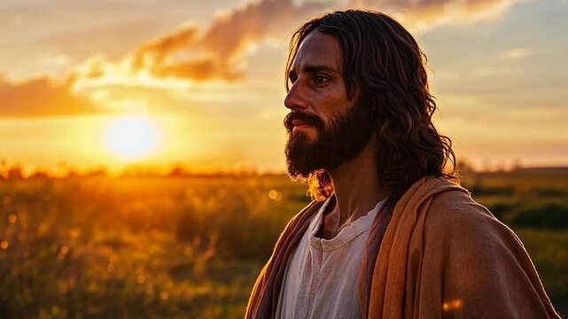 Jesus Christ look tired at desolated wilderness land, idea for Mathew 4:1-8