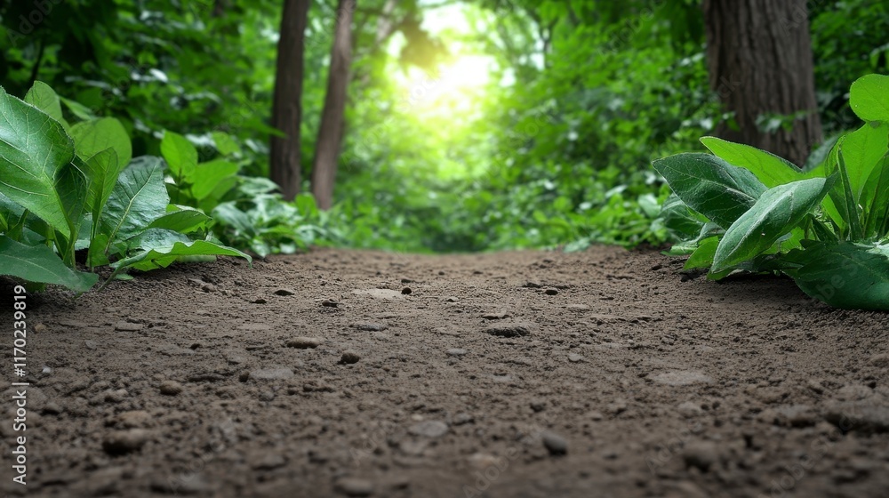 Poster a serene forest path surrounded by vibrant green foliage and soft sunlight filtering through the tre