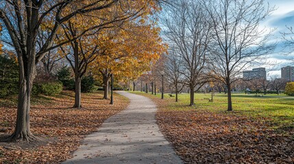 Naklejka premium Serene Autumn Pathway Through Trees in a City Park Landscape