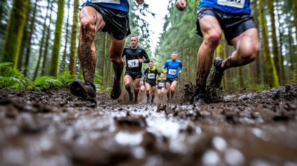 Competitive athletes running through muddy trails in a forest, showcasing determination and teamwork in nature