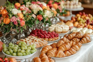 Elegant buffet table with pastries, fruit, and flowers.