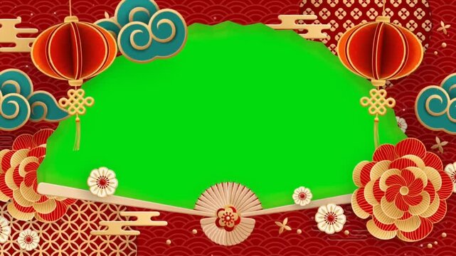 Chinese new year overlay animation, with chroma key copy space. Chinese lunar new year animation background with green screen in the middle. Chinese new year 2025, year of snake.