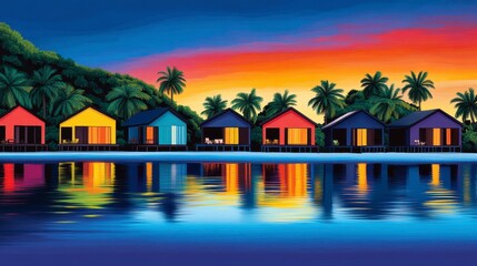 Obraz premium Vibrant tropical sunset reflecting on serene waters with colorful beach houses nestled among palm trees