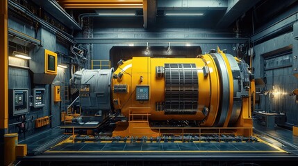 Industrial Machine in High-Tech Factory Setting with Yellow Accents