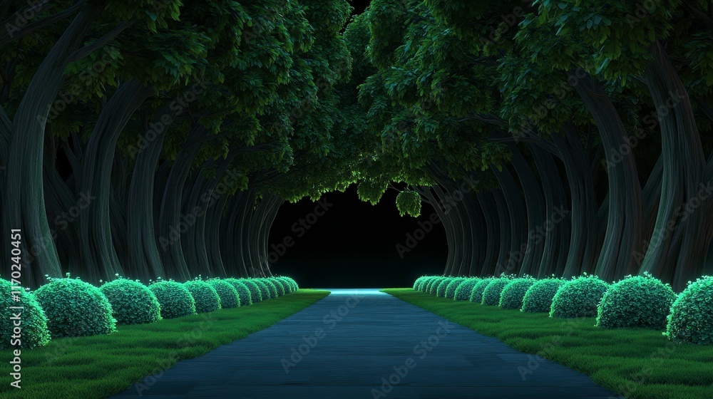 Poster a beautifully illuminated path through a mystical forest with glowing bushes and towering trees in t