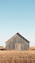 Rustic Wooden Barn Stand Alone in Open Field Under Clear Sky