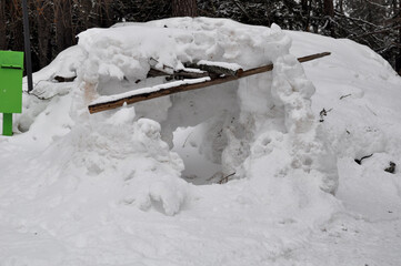 Beautiful background on a Christmas theme with snowdrifts, snowfall and a blurred background. Snow, forest, trees