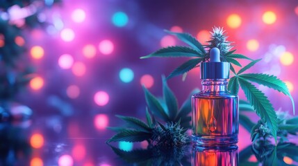 CBD oil dropper bottle with cannabis leaves and buds, set against a glowing neon holographic background, ideal for modern wellness, natural medicine, and CBD branding.