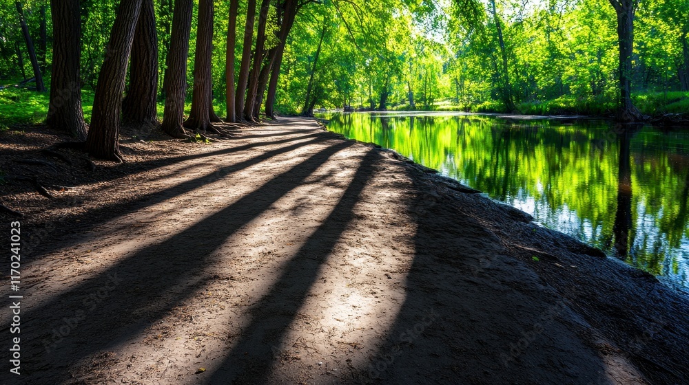 Poster nature's tranquility reflected in the calm waters of a serene forest pathway lined with tall trees a