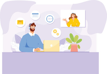 A modern illustration of a virtual assistant, represented as a friendly chatbot or digital agent on a screen, providing online support through chat, with icons for assistance, FAQs, and helpful resour