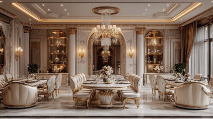 Elegant dining room with classic furniture, chandelier, and marble floor.