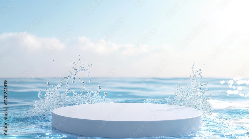 Poster clean white circle podium on a transparent blue water surface with sunlight splashing on the waves. 