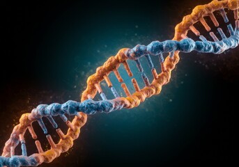 A highly detailed and enlarged model of a DNA helix with vibrant colors and dynamic patterns, set against a glowing background, showcasing molecular structures and creative visual effects