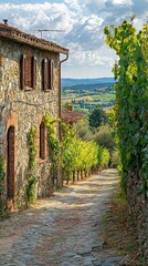Obraz premium Scenic Stone Pathway Through a Serene Vineyard Landscape