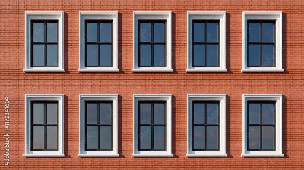 Poster rectangular windows on red brick wall in urban architecture style