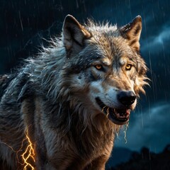Fototapeta premium Visualize a giant, mystical wolf filled with crackling electrical energy. Its fur shimmered with dark blue and silver streaks, while its eyes blazed in a fiery red hue.