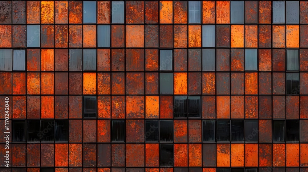 Poster abstract pattern of rusty orange and black square tiles on building