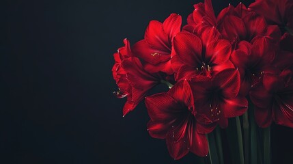 Close-up of a bouquet of red Amaryllis flowers with dark background, perfect for Mother's Day, Valentine's Day, or birthday card designs with space for text.