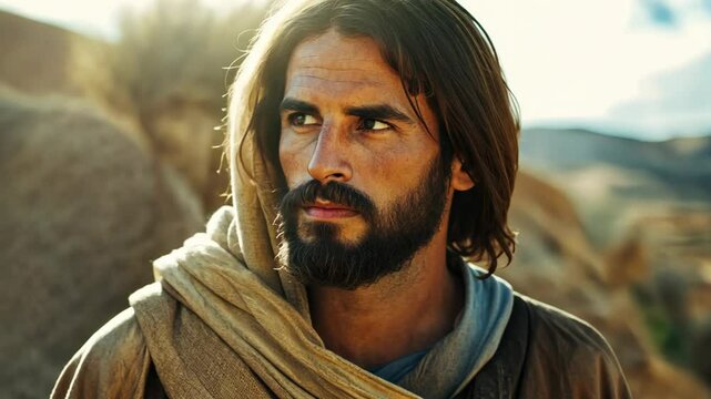 Jesus Christ look tired at desolated wilderness land, idea for Mathew 4:1-8