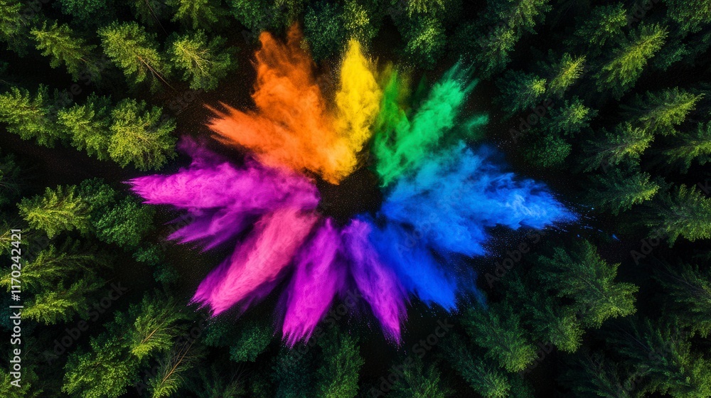 Aufkleber vibrant color explosion in a serene forest showcasing a circular pattern of colorful powder against 