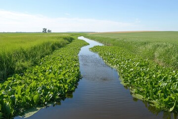 Naklejka premium Water channels obstructed by invasive species disrupting natural ecosystems and biodiversity.
