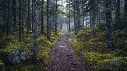 Obraz premium Serene Forest Pathway Surrounded by Lush Greenery and Mist