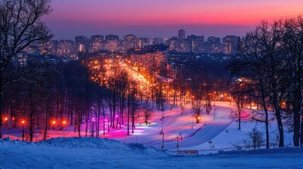 Winter Night Cityscape with Snow and Colorful Lights at Dusk