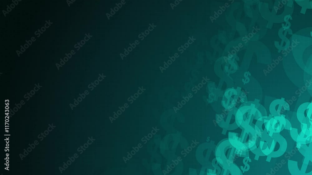 Poster blue dollar symbol shapes are moving from the bottom right of a gradient grid abstract background, h