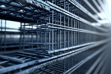 Fototapeta premium Close-up of a gridded metal structure, possibly rebar or a similar construction material, exhibiting a repeating pattern and industrial aesthetic