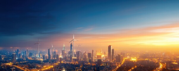Naklejka premium City Skyline Illuminated by Eco-Friendly Renewable Resource Lighting at Dusk