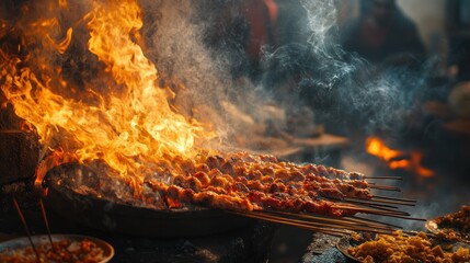 Naklejka premium Fiery Street Food Delights: Char-Grilled Skewers