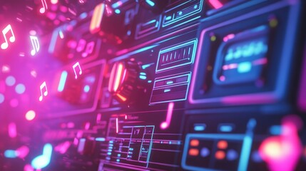 Close-up of retro audio equipment with neon lighting accents and floating music notes, ideal for music, tech, and 80s/90s-inspired design themes.