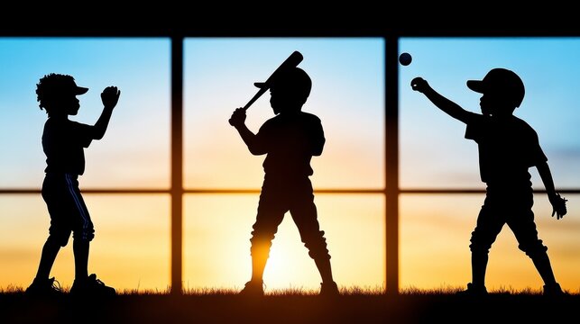 Silhouetted children playing baseball against a vibrant sunset backdrop, capturing joy and camaraderie in youth sports.