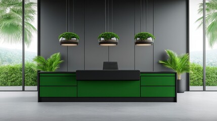 Modern reception area featuring a sleek green and black desk design with hanging planters and large windows