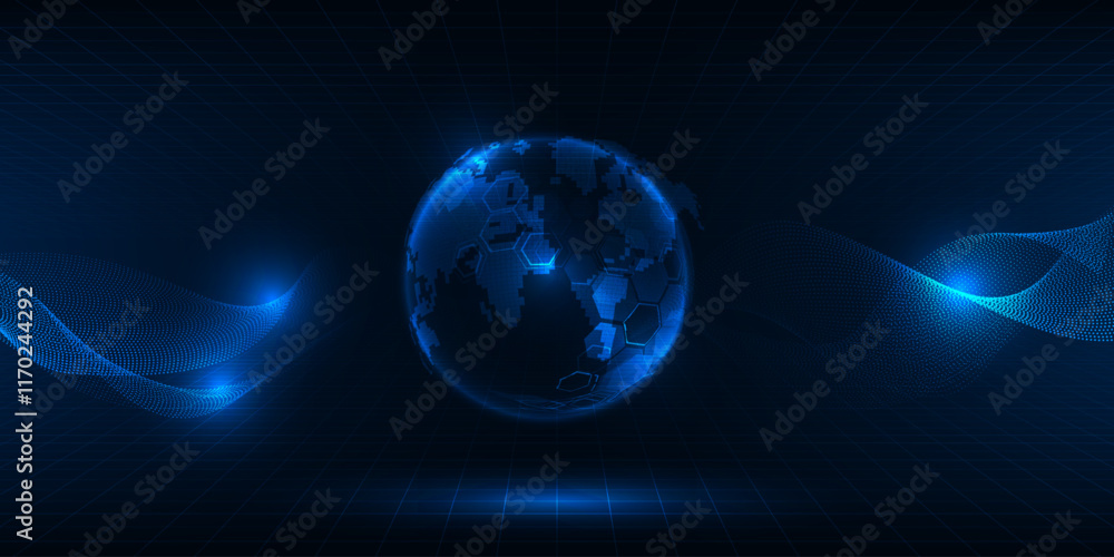 Canvas Prints vector illustrations of neon blue glowing globe on digital hi tech grid connecting wave form.futuris